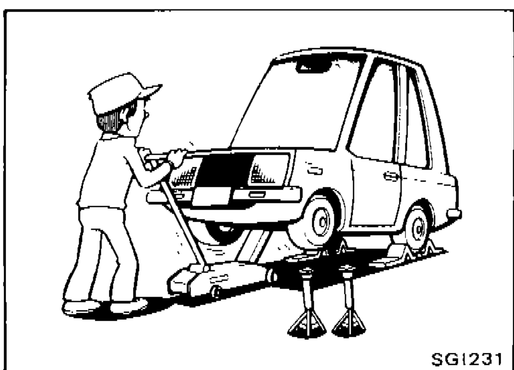 Illustration of a mechanic jacking up a vehicle with safety stands in place