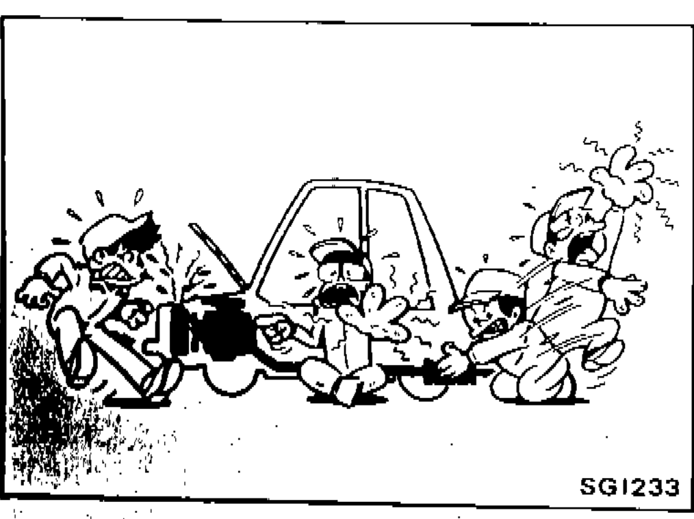 Illustration showing cartoon characters being burned by hot engine parts, warning about burns from radiator, exhaust manifold, tail pipe and muffler