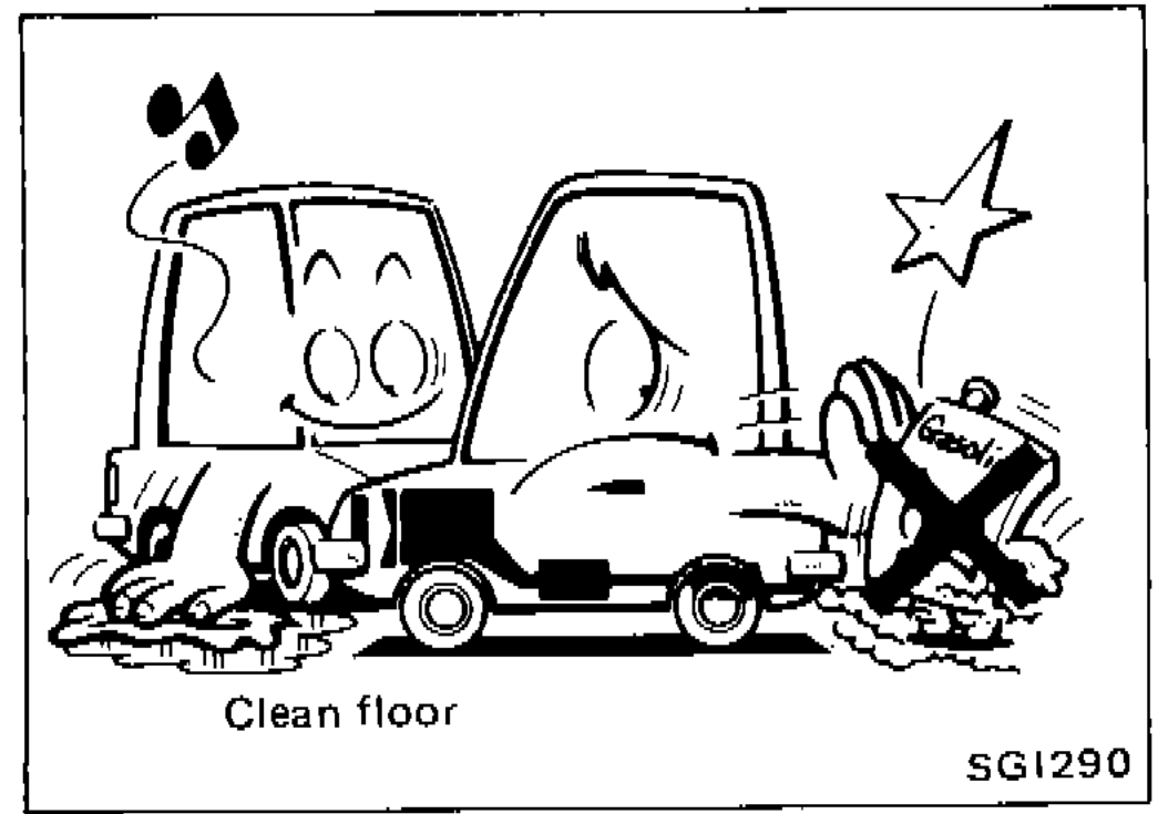 Illustration showing clean floor precaution with vehicle and exhaust pipe
