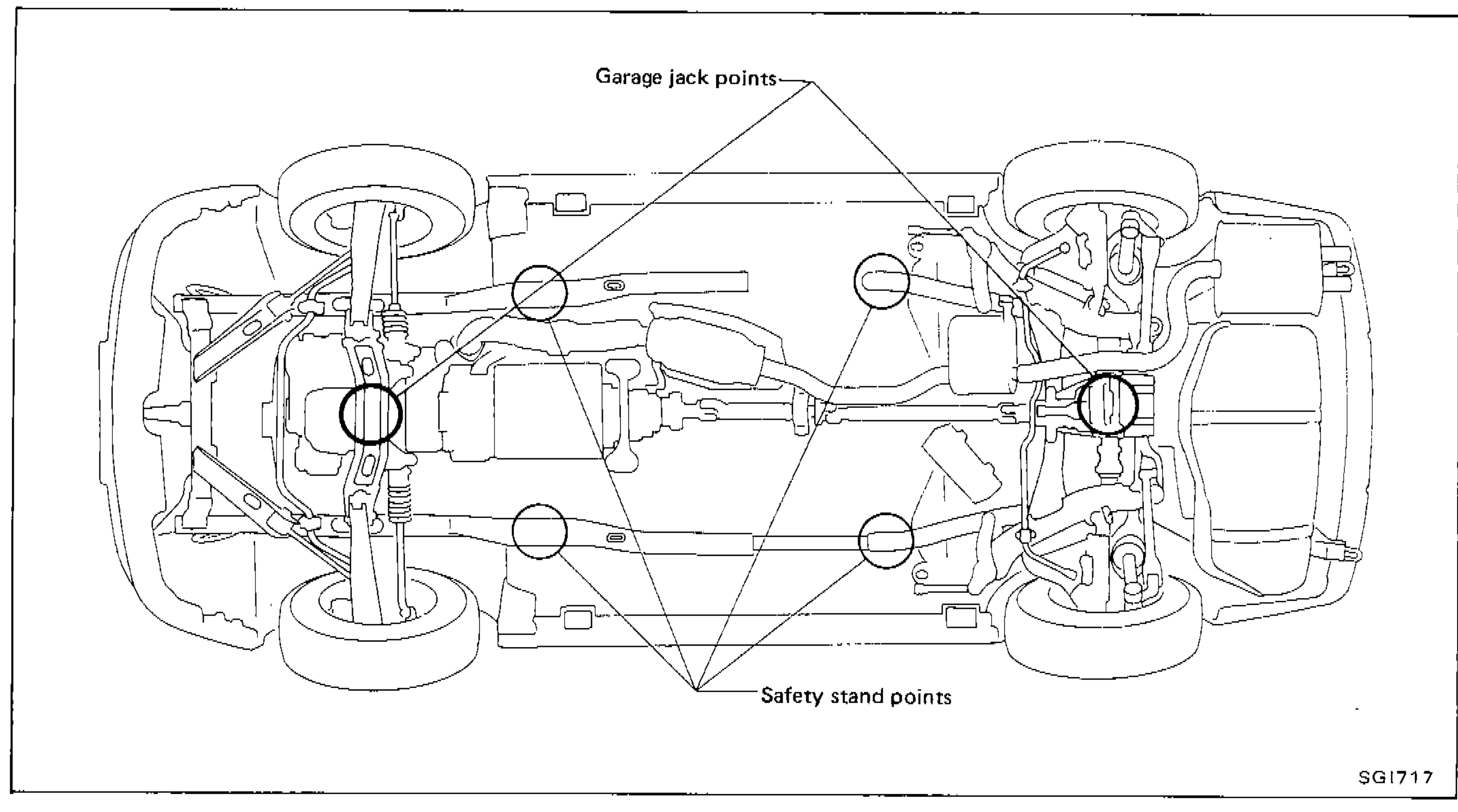Underside view of the vehicle showing garage jack points (4 locations, indicated with circles near front and rear suspension/subframe areas) and safety stand points (4 locations, indicated with circles at body pinch weld or frame areas), connected by diagonal lines indicating the layout pattern.