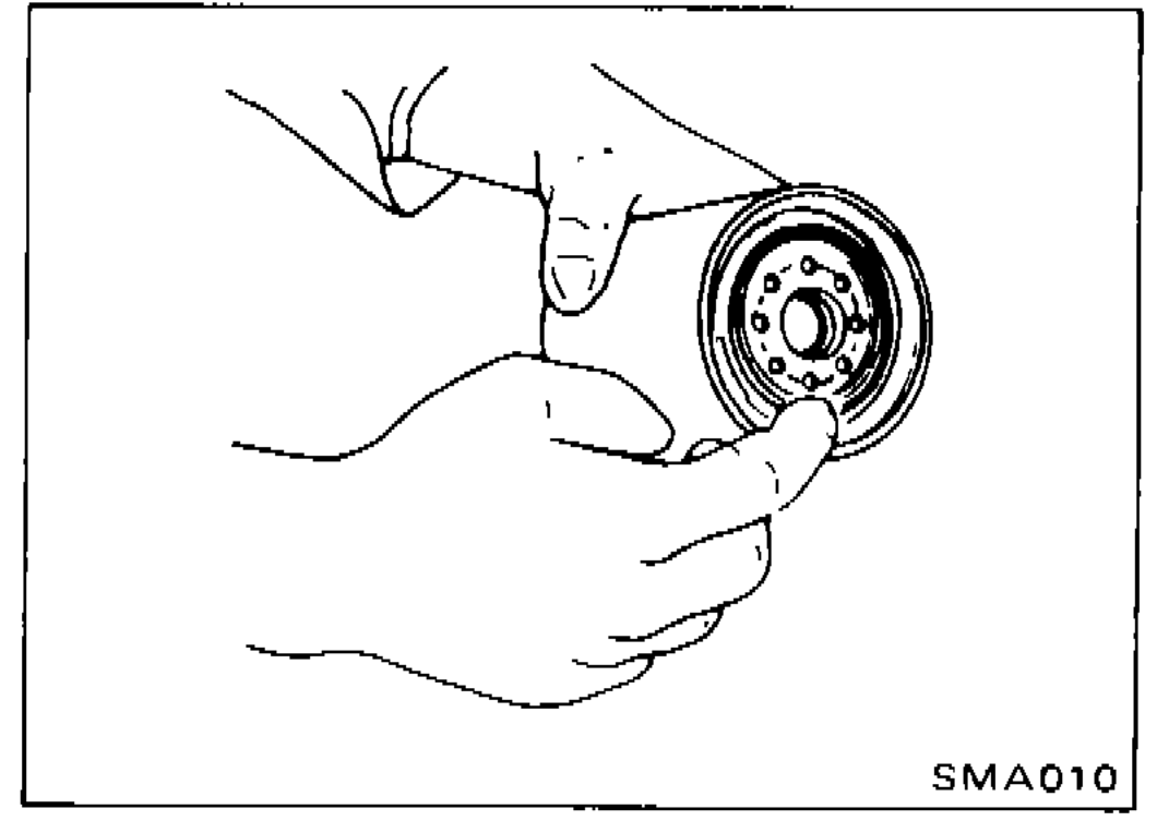 Hands coating rubber seal of oil filter with engine oil before installation