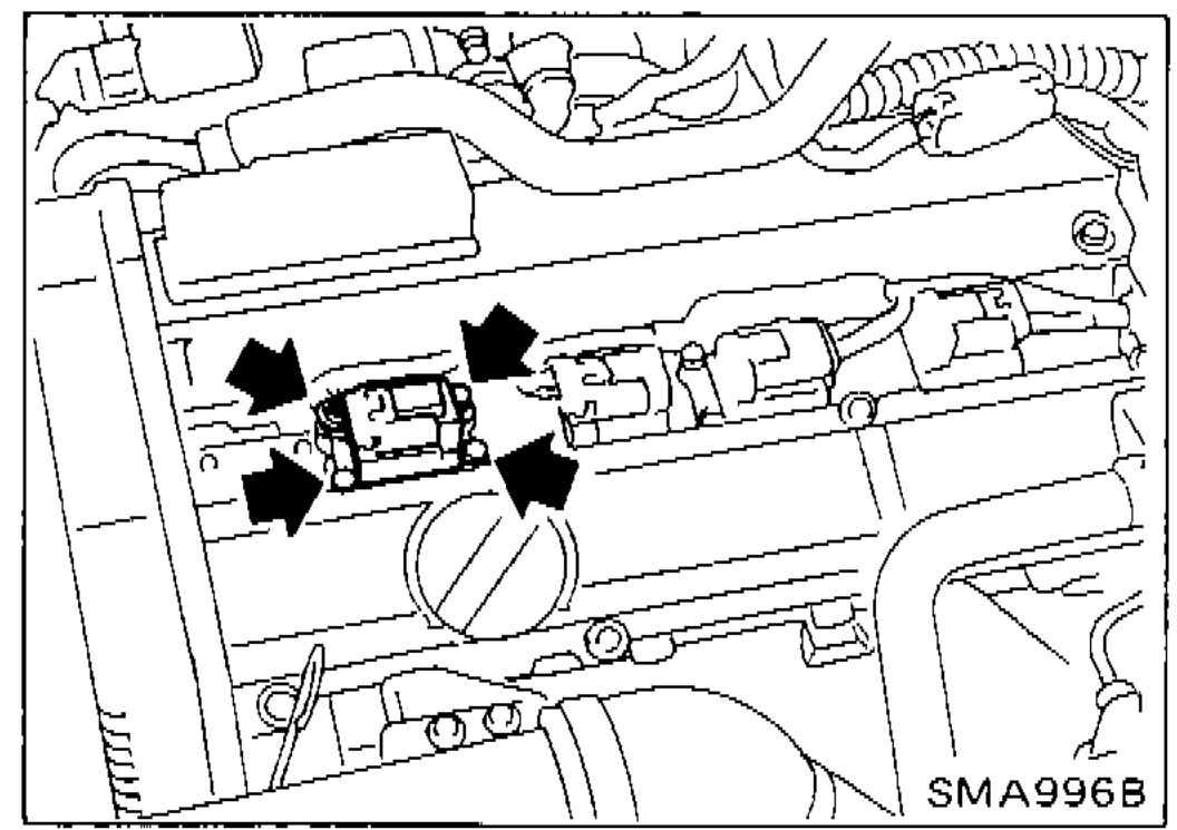 Engine bay photo showing ignition coil bracket location with arrows indicating harness connector and bracket fixing bolts