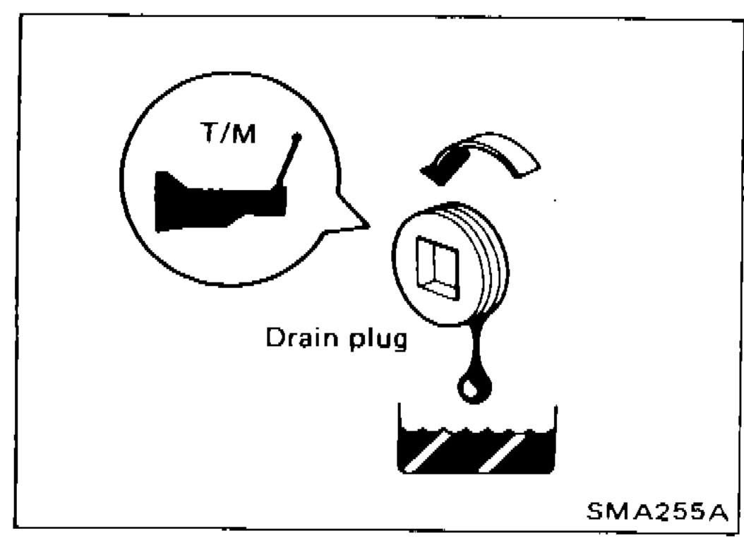Manual transmission oil drain plug location diagram showing T/M label and drain plug