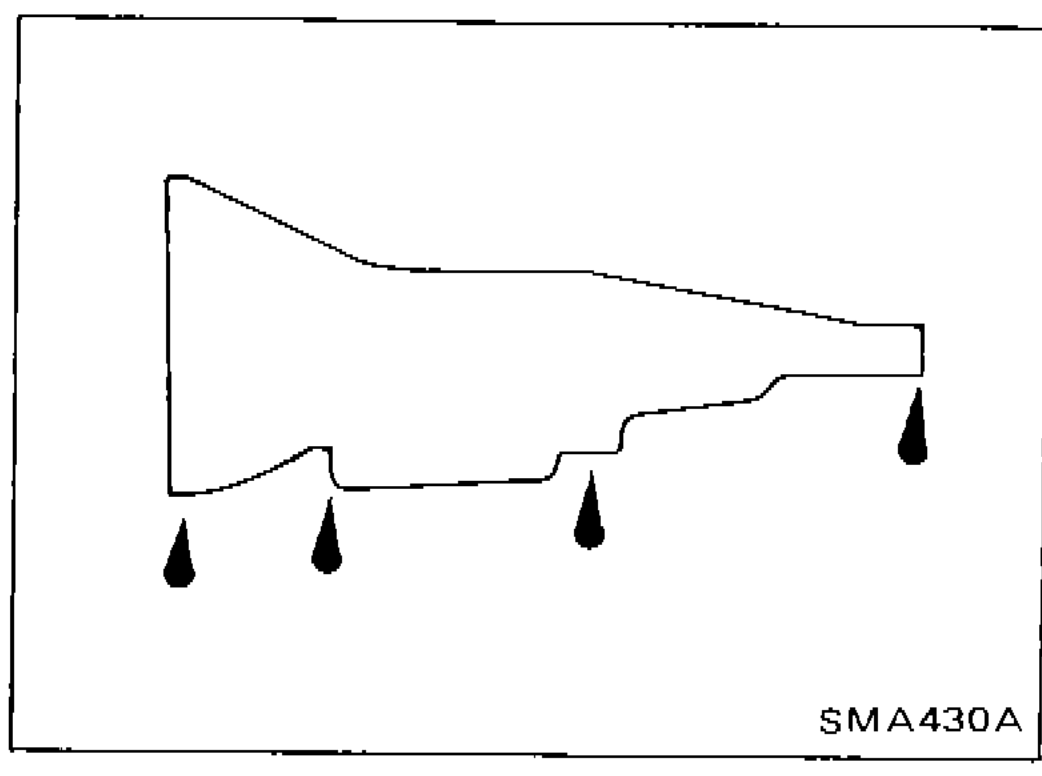A/T fluid leakage check diagram showing underside of transmission with fluid drip points indicated