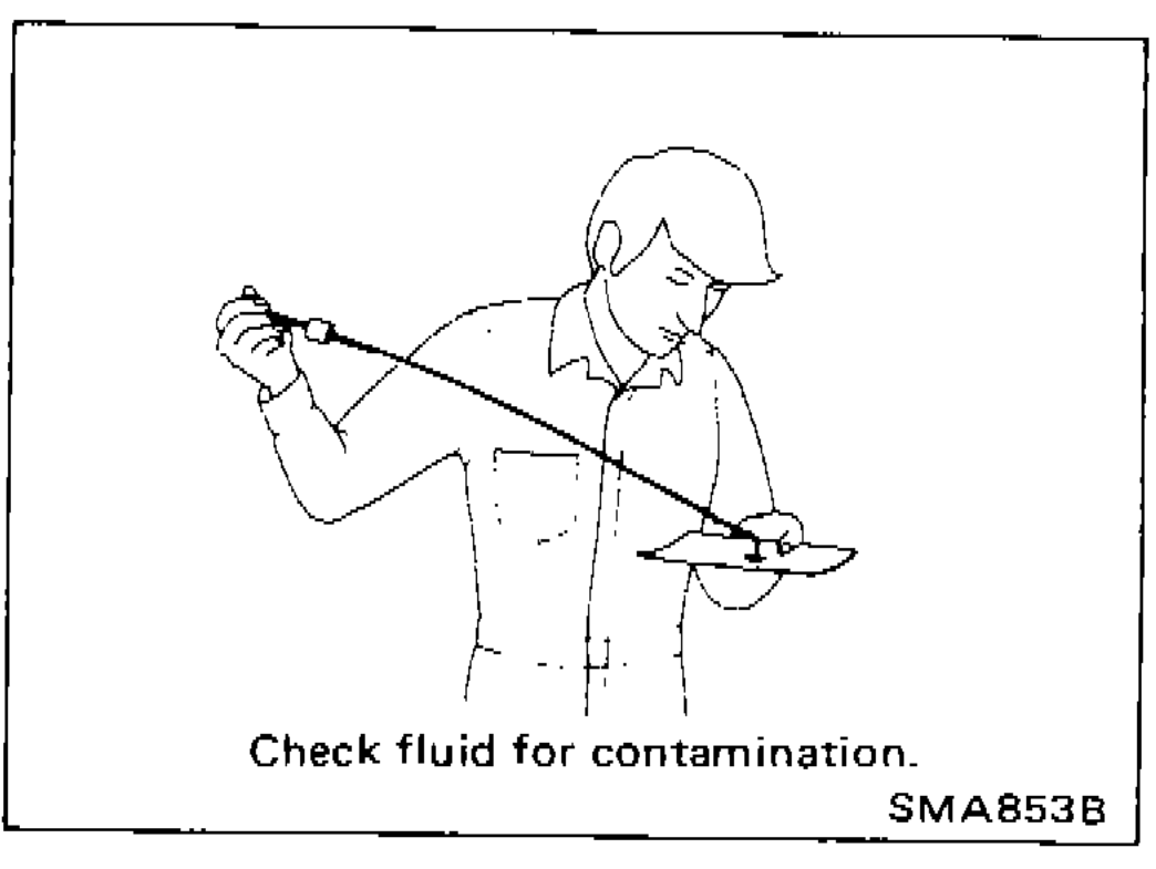 Technician checking A/T fluid for contamination by rubbing fluid between fingers