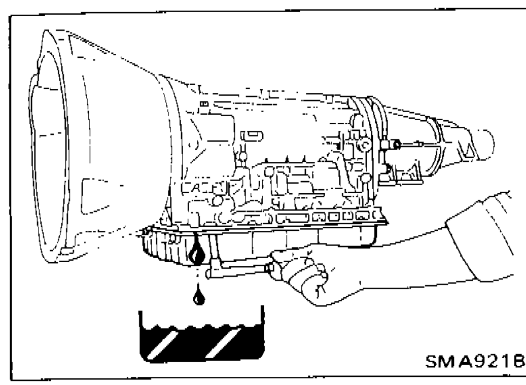 Automatic transmission showing oil pan drain for A/T fluid change