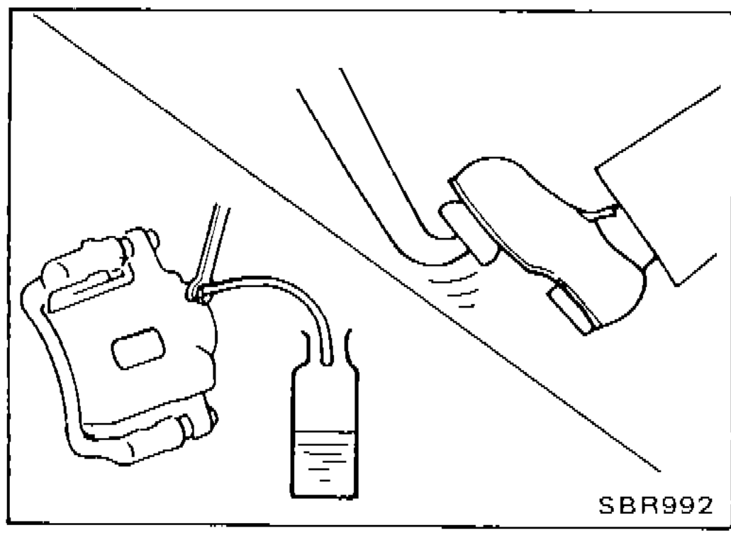 Brake fluid being changed, showing air bleeder valve and fluid container