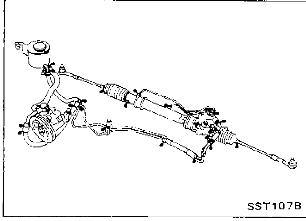 Power steering lines and rack assembly showing line routing for checking improper attachment, leaks, cracks, damage, loose connections, chafing and deterioration.