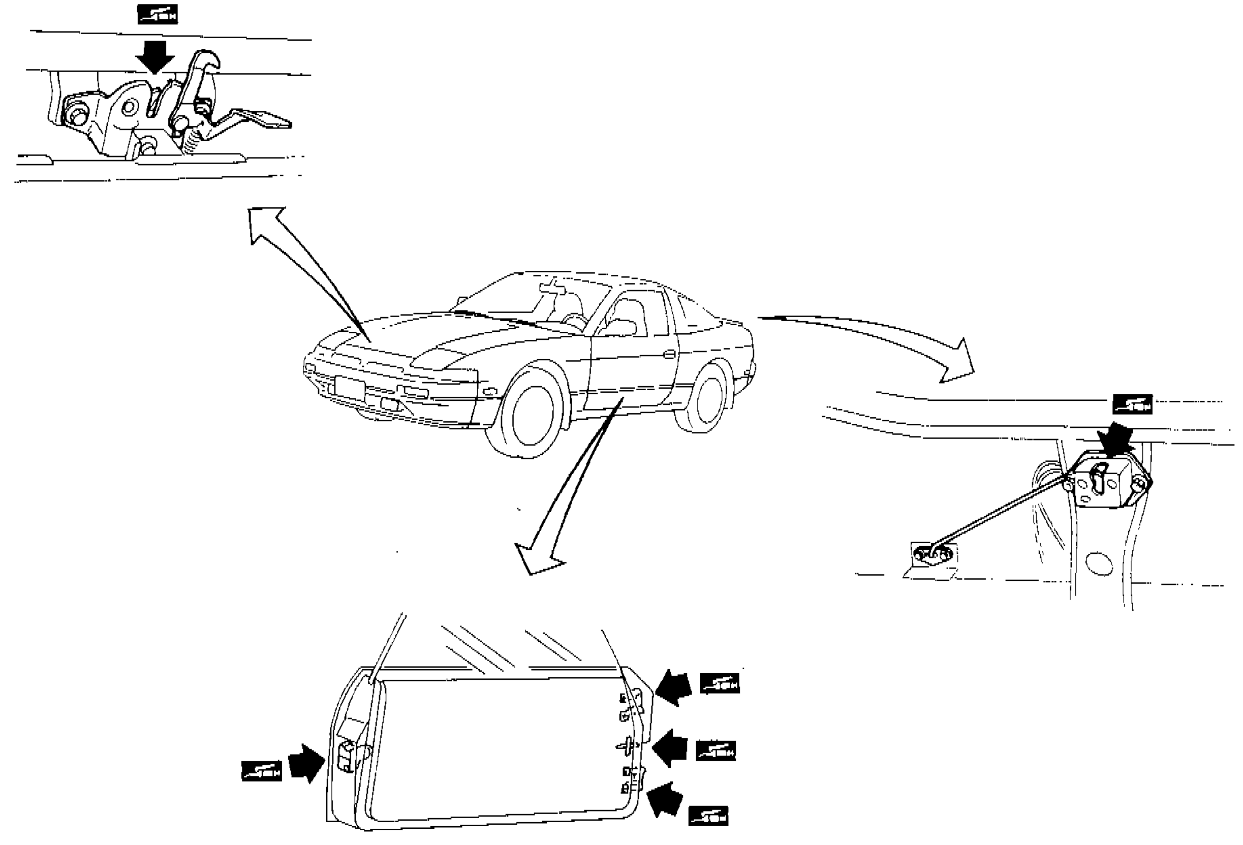 Diagram showing lubrication points on the 1989 Nissan 200SX (S13): hood latch area, door hinges, and door lock mechanisms, with arrows indicating lubrication points.