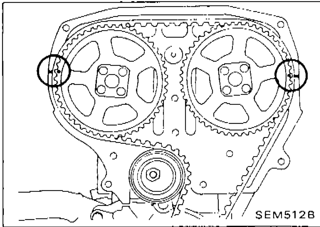 Camshaft sprockets and timing belt with TDC alignment marks visible