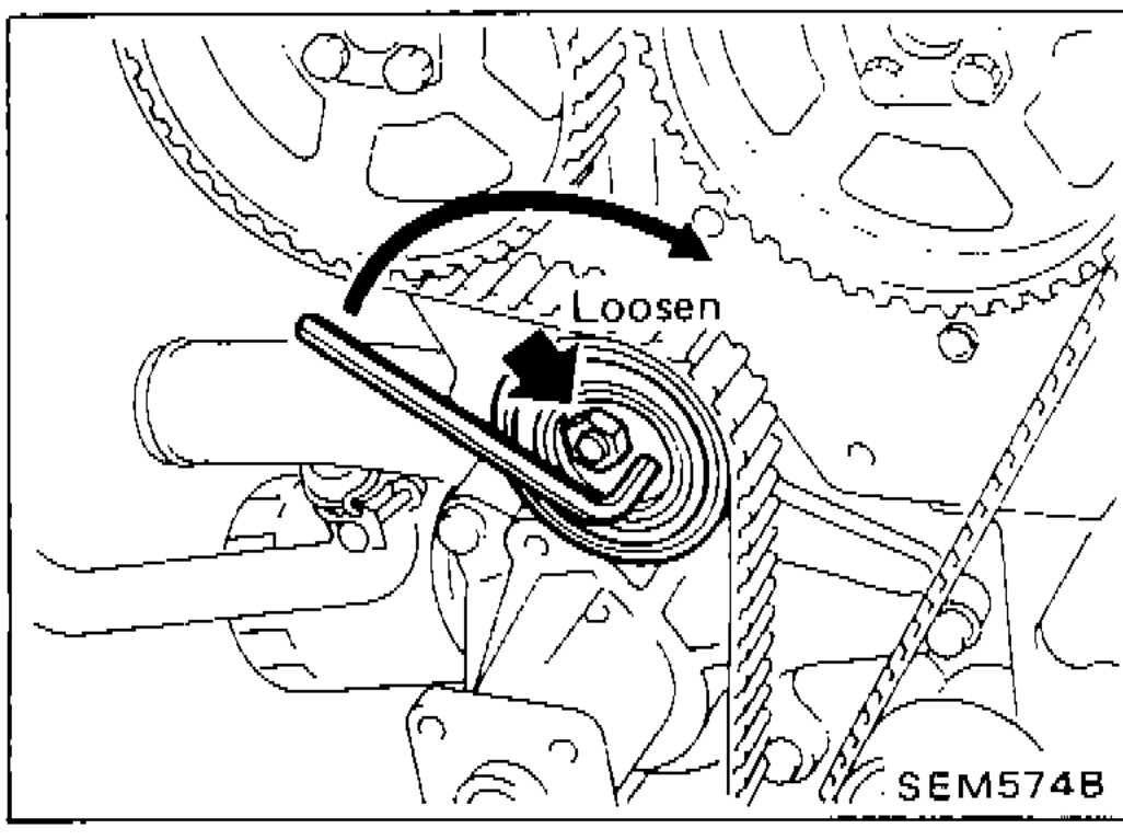 Timing belt tensioner being loosened with tool, arrow indicating direction to turn tensioner to remove timing belt