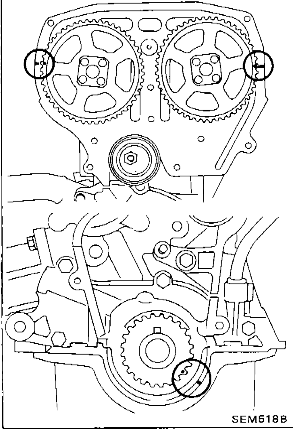 Timing belt installation diagram showing tensioner installation with timing belt and sprockets