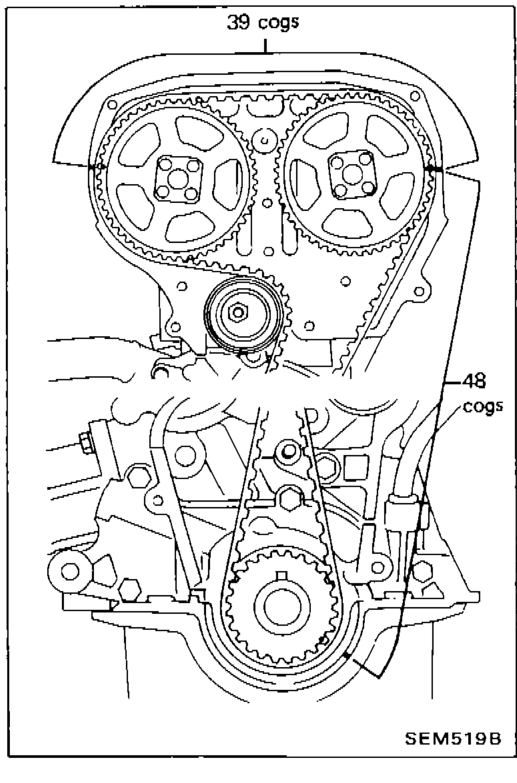 Timing belt cog count diagram — showing 39 cogs (top, between cam sprockets) and 48 cogs (right side, between cam sprocket and crank sprocket)