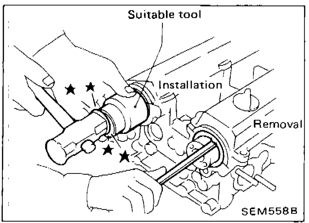 Illustration showing camshaft oil seal removal and installation using a suitable tool, with arrows indicating Installation and Removal directions