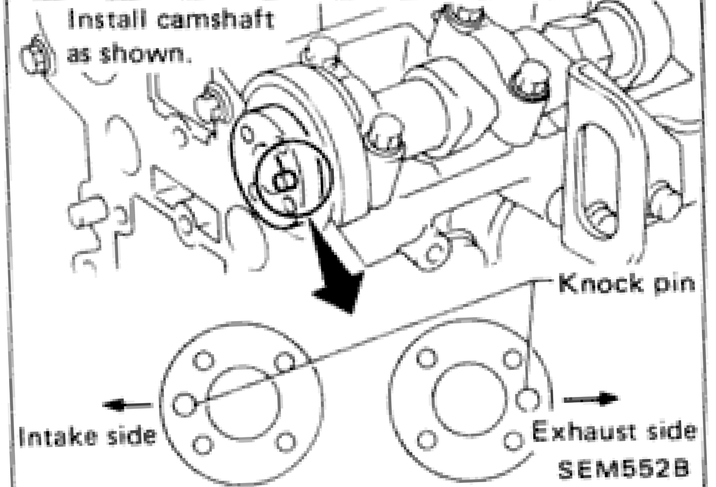 Camshaft installation diagram showing knock pin position, intake side and exhaust side orientation