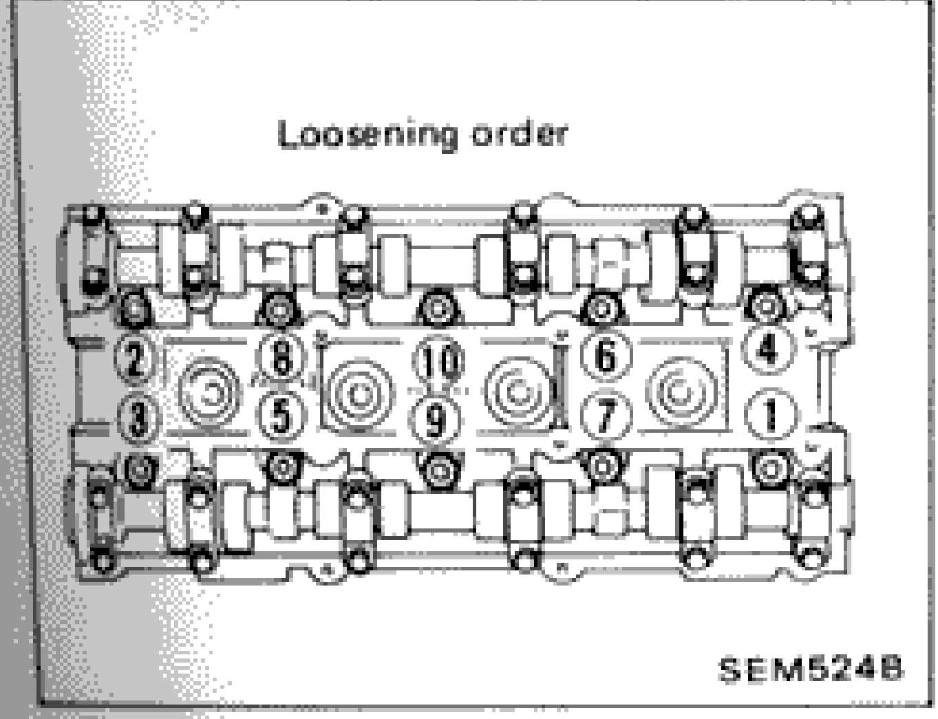 Cylinder head bolt loosening order diagram showing numbered sequence (1 through 10) for loosening cylinder head bolts