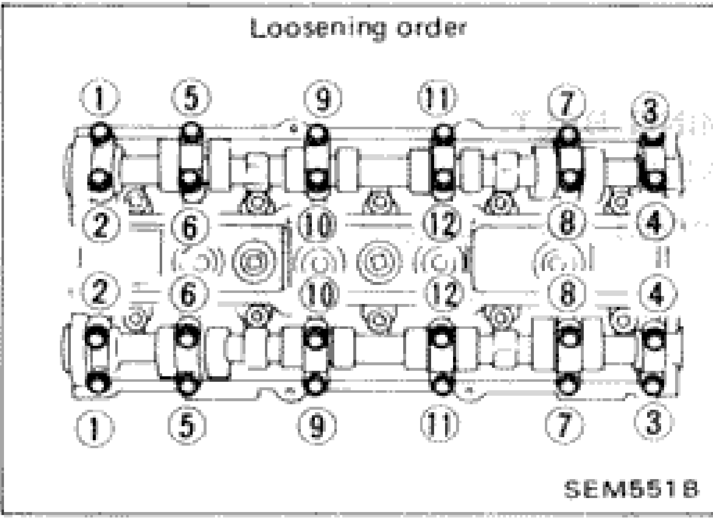 Diagram showing camshaft bracket bolt loosening order, numbered 1 through 12 in two rows (intake and exhaust camshafts)