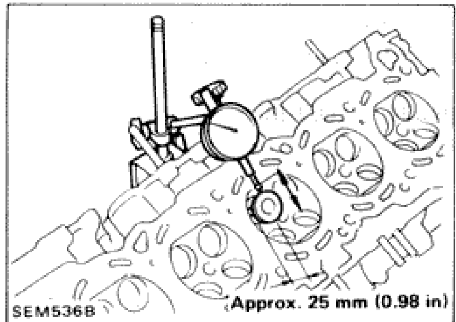 Dial gauge measuring valve deflection in parallel direction with rocker arm, approximately 25 mm (0.98 in) from valve tip