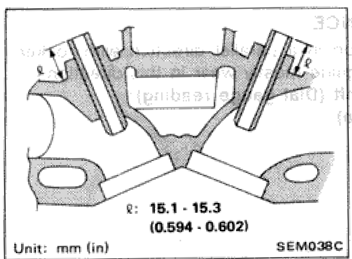 Cylinder head cross-section showing valve guide projection dimension (ℓ: 15.1 - 15.3 mm / 0.594 - 0.602 in)