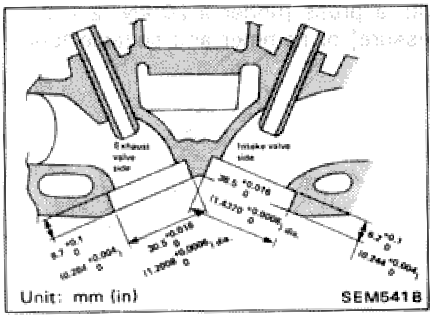 Valve seat diagram showing intake and exhaust valve seat dimensions with oversize measurements