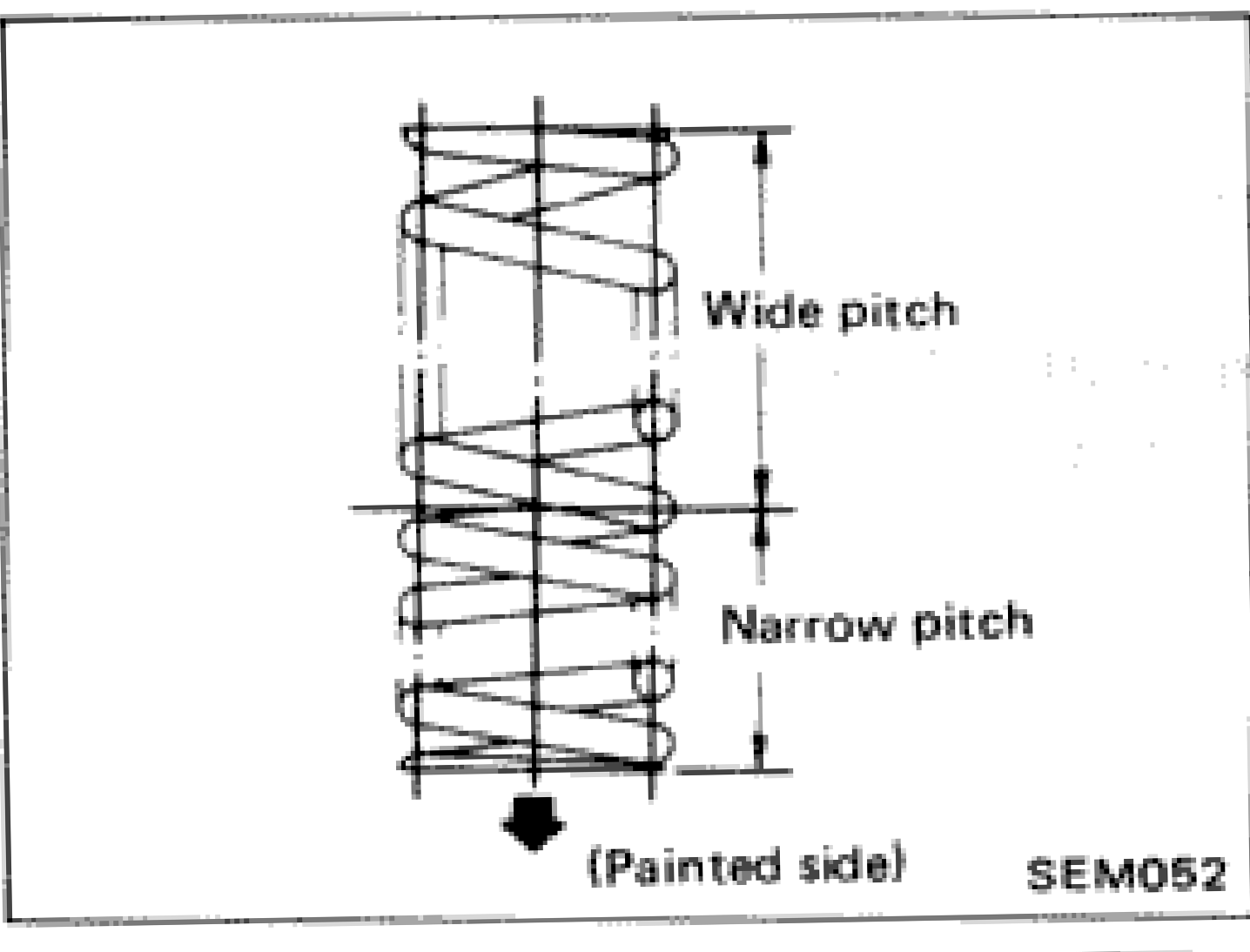 Valve spring (uneven pitch type) showing wide pitch end and narrow pitch (painted) end, with arrow indicating painted side orientation