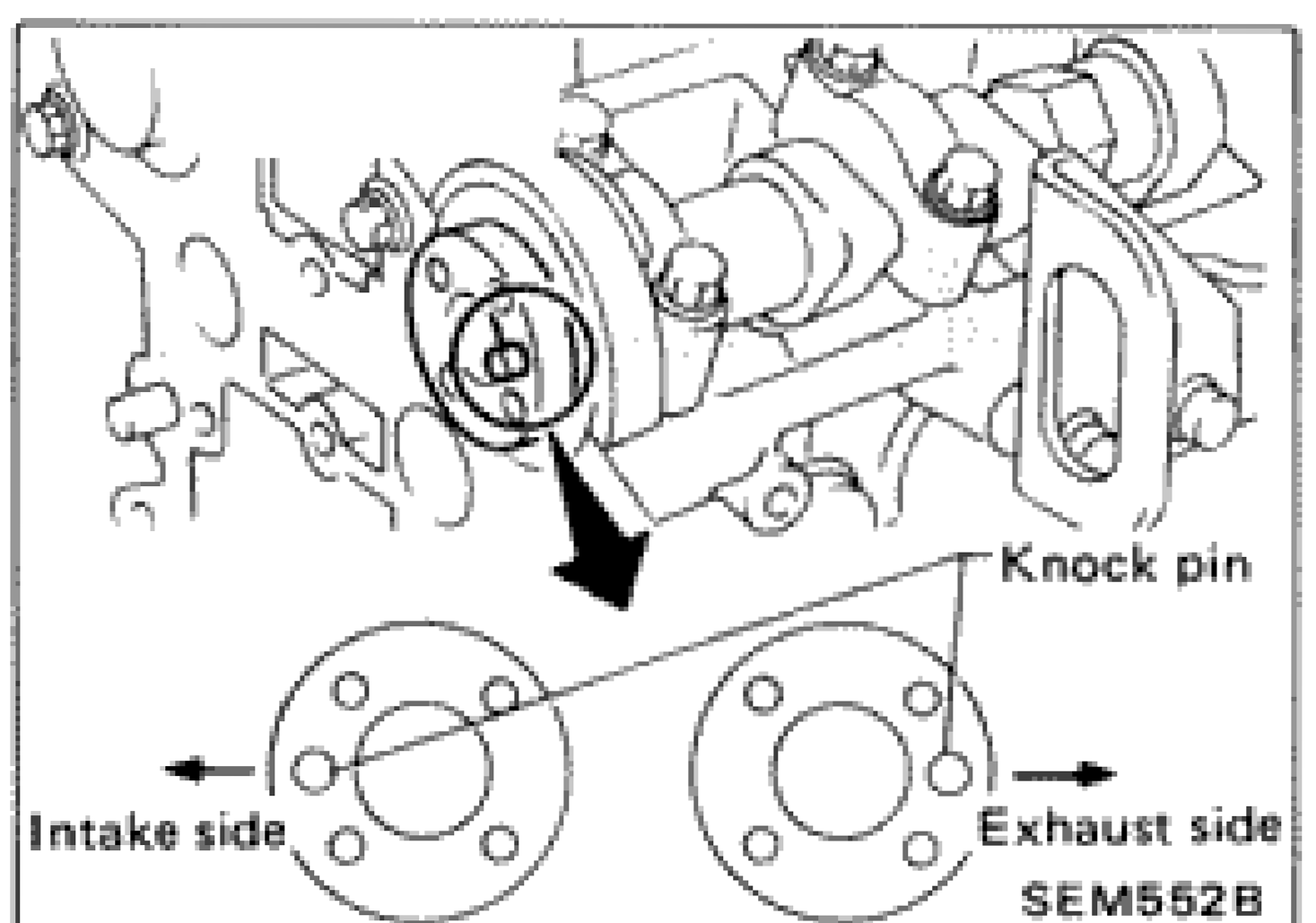 Camshaft installation showing knock pin, intake side and exhaust side orientation