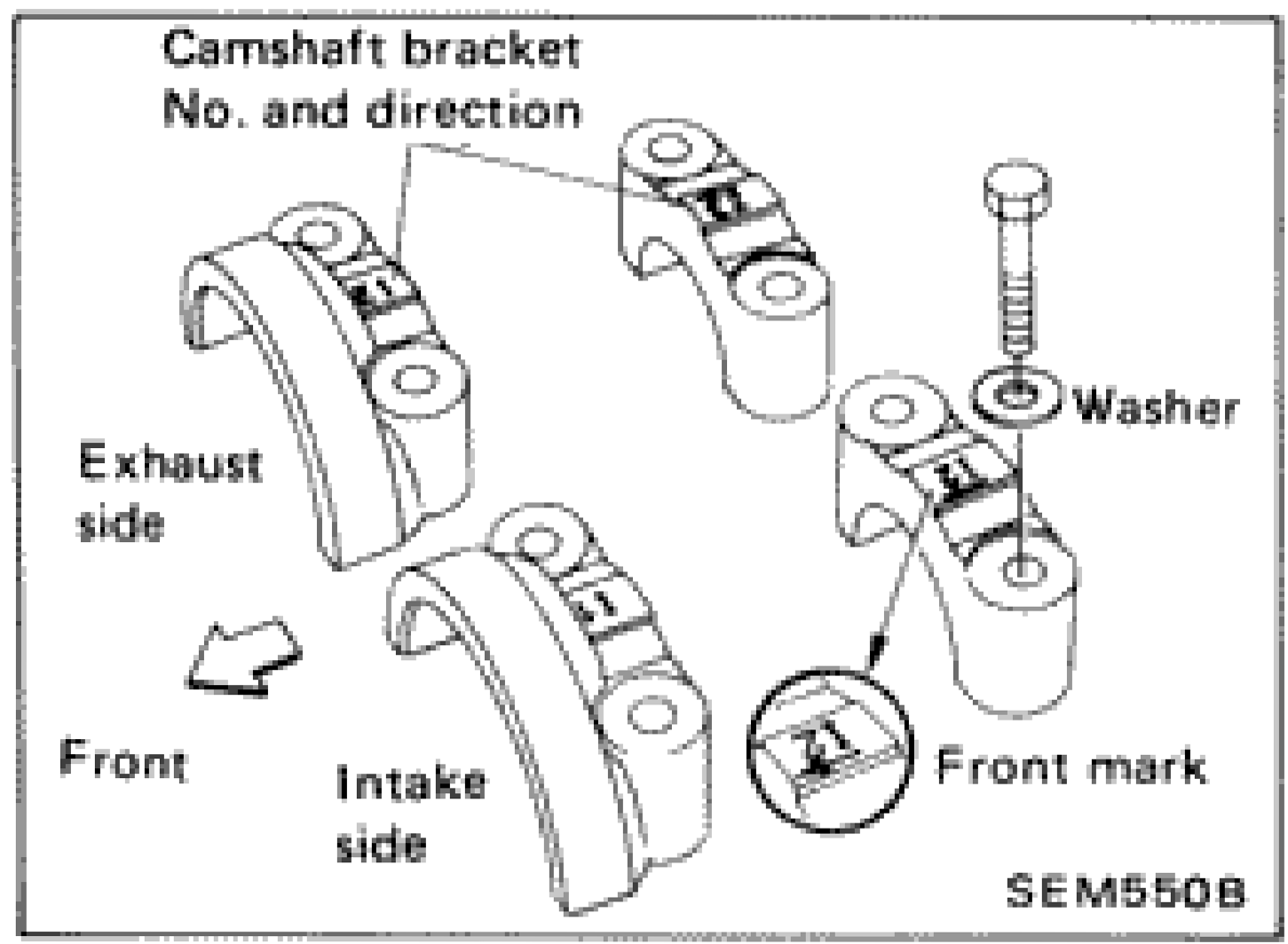 Camshaft bracket showing number and direction, exhaust side, intake side, front mark, and washer location