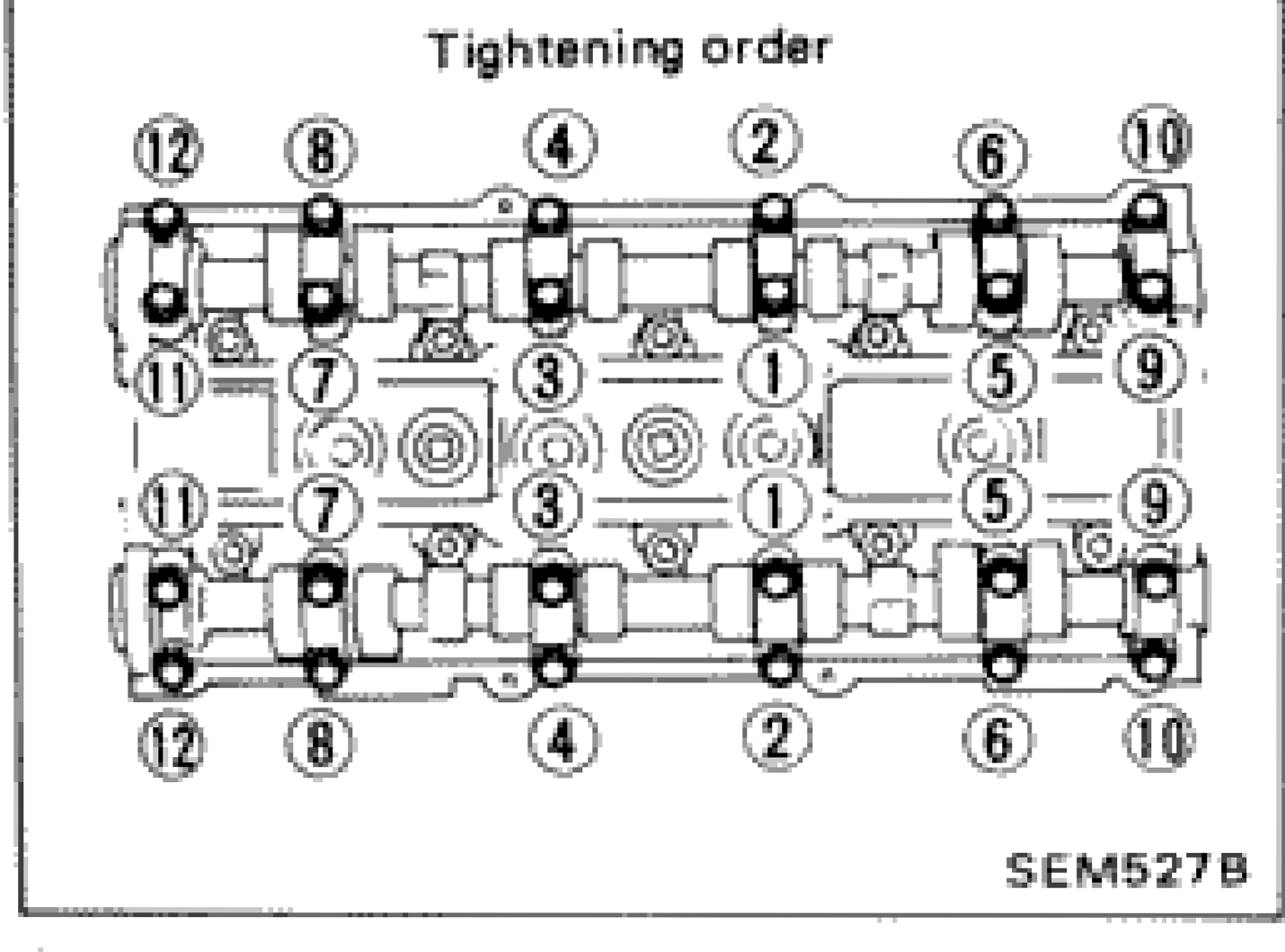 Camshaft bracket bolt tightening order diagram showing numbered sequence 1-12 for both intake and exhaust sides