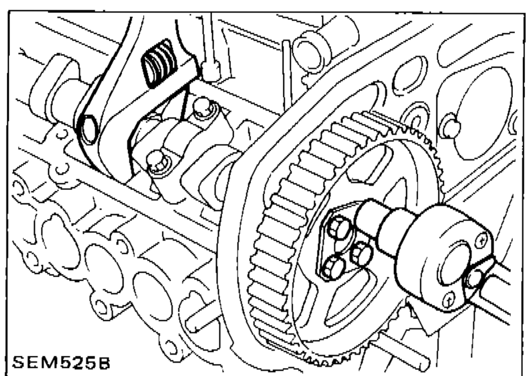 Camshaft sprocket installation showing timing belt and sprockets