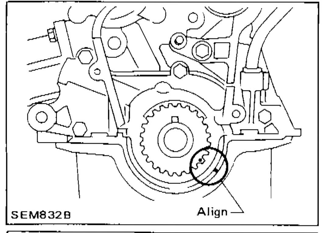 Crankshaft sprocket aligning mark aligned with mark on oil pump body, with 'Align' callout arrow