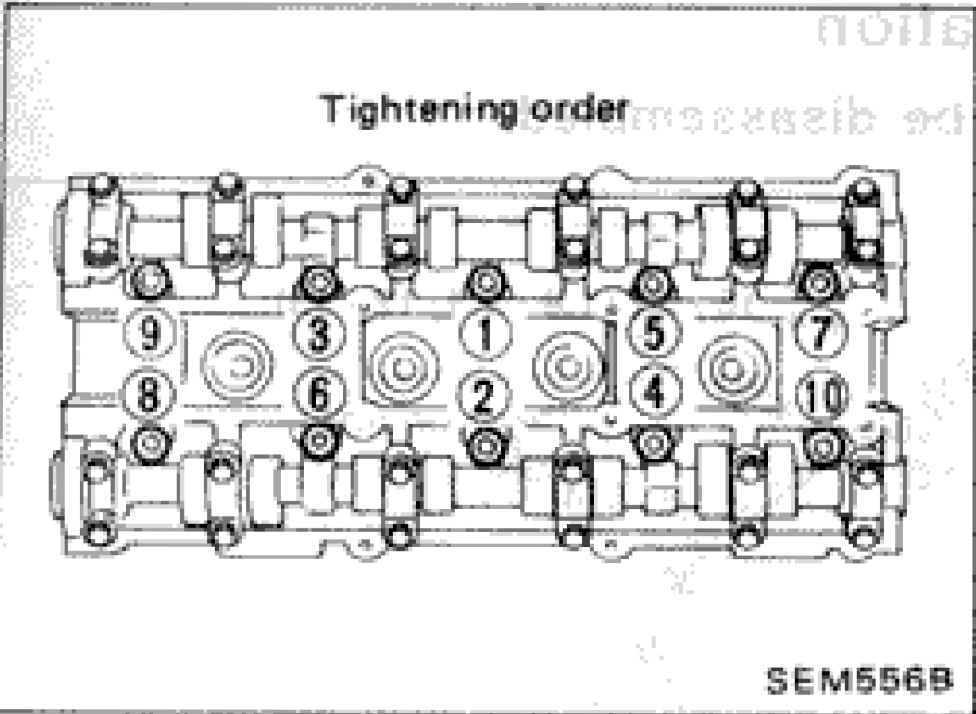 Cylinder head bolt tightening order diagram showing numerical sequence (1–10) for bolt tightening on the cylinder head