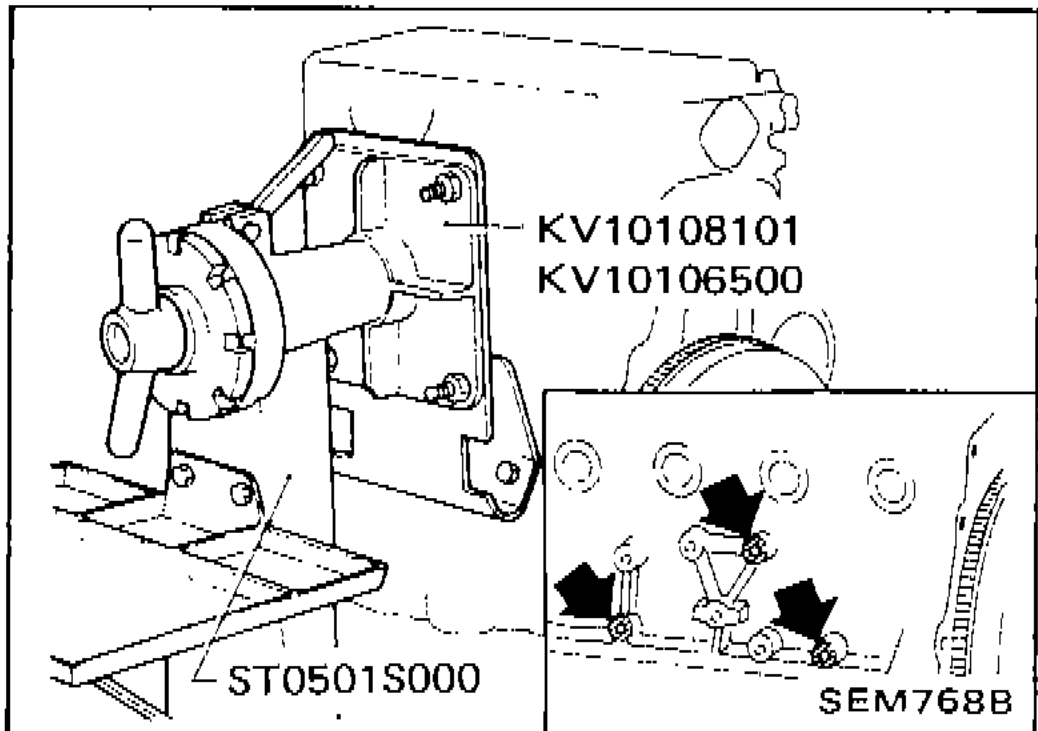 Engine on work stand using tools KV10108101, KV10106500, and ST0501S000