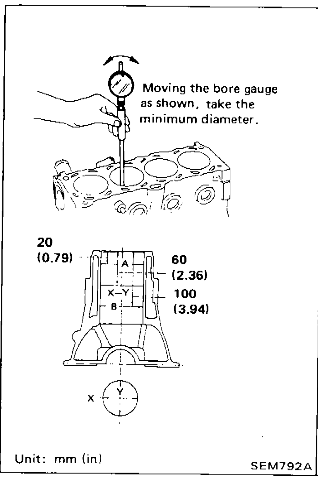 Bore gauge being used to measure cylinder bore diameter, showing measurement points X-Y (out-of-round) and A-B (taper) at positions 20mm (0.79in), 60mm (2.36in), and 100mm (3.94in) from top of bore.