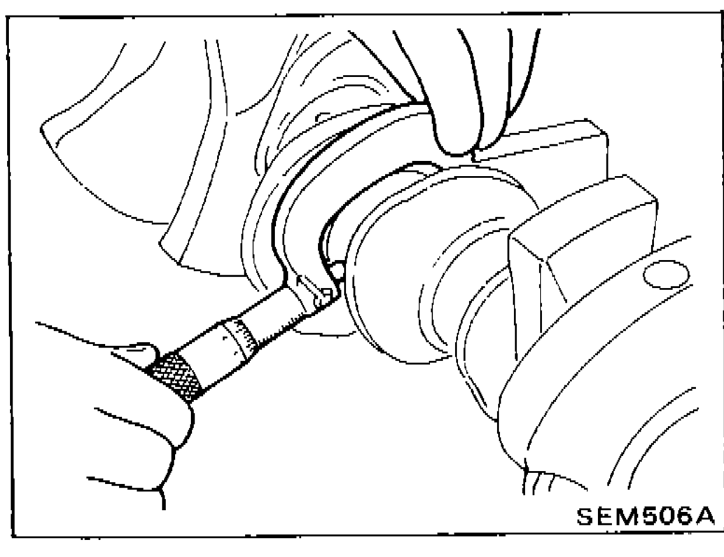 Micrometer measuring outer diameter of crankshaft main journal