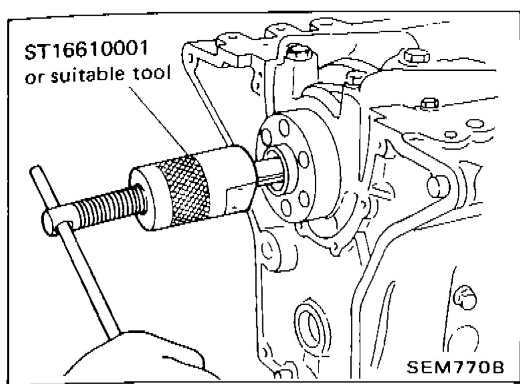 Tool ST16610001 or suitable tool being used to remove pilot bushing from crankshaft end of cylinder block