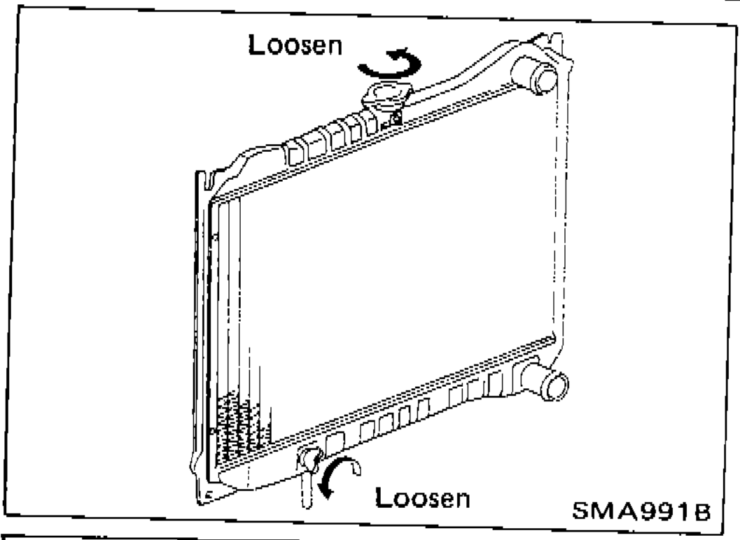 Photo showing radiator with two 'Loosen' callouts indicating where to loosen fasteners/hose clamps for coolant drain.
