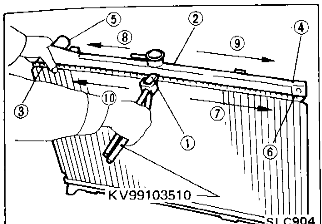 Exploded/assembly diagram of radiator aluminum type showing caulking sequence numbers 1–10 and tool KV99103510 position