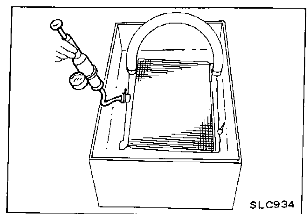Radiator leakage check — radiator submerged in water tank for pressure leak test