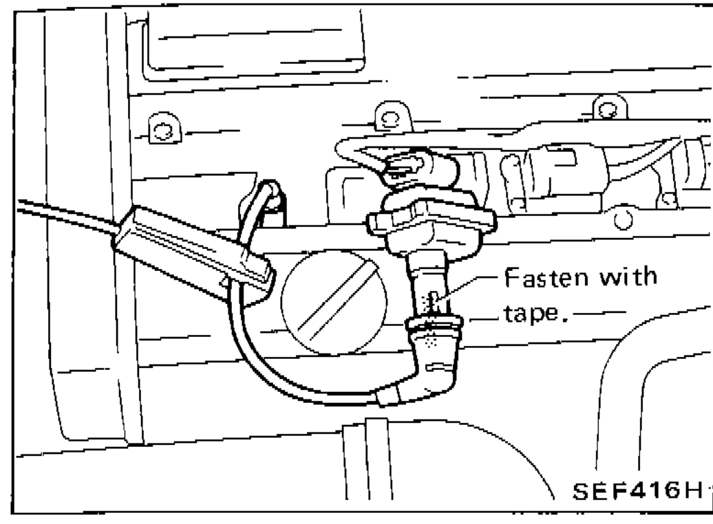 Engine bay view showing high-tension wire connection fastened with tape, with callout label 'Fasten with tape.'