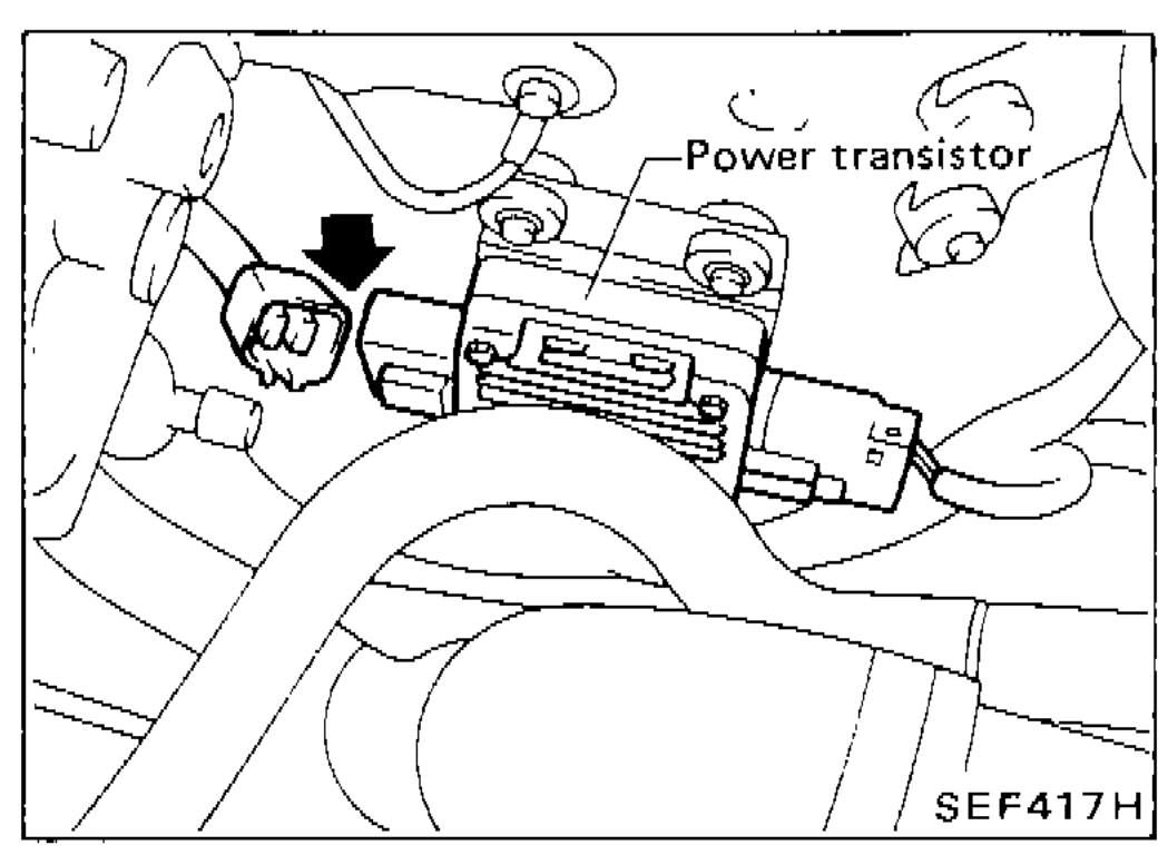 Illustration showing location of power transistor unit on engine, with arrow indicating connector disconnection point