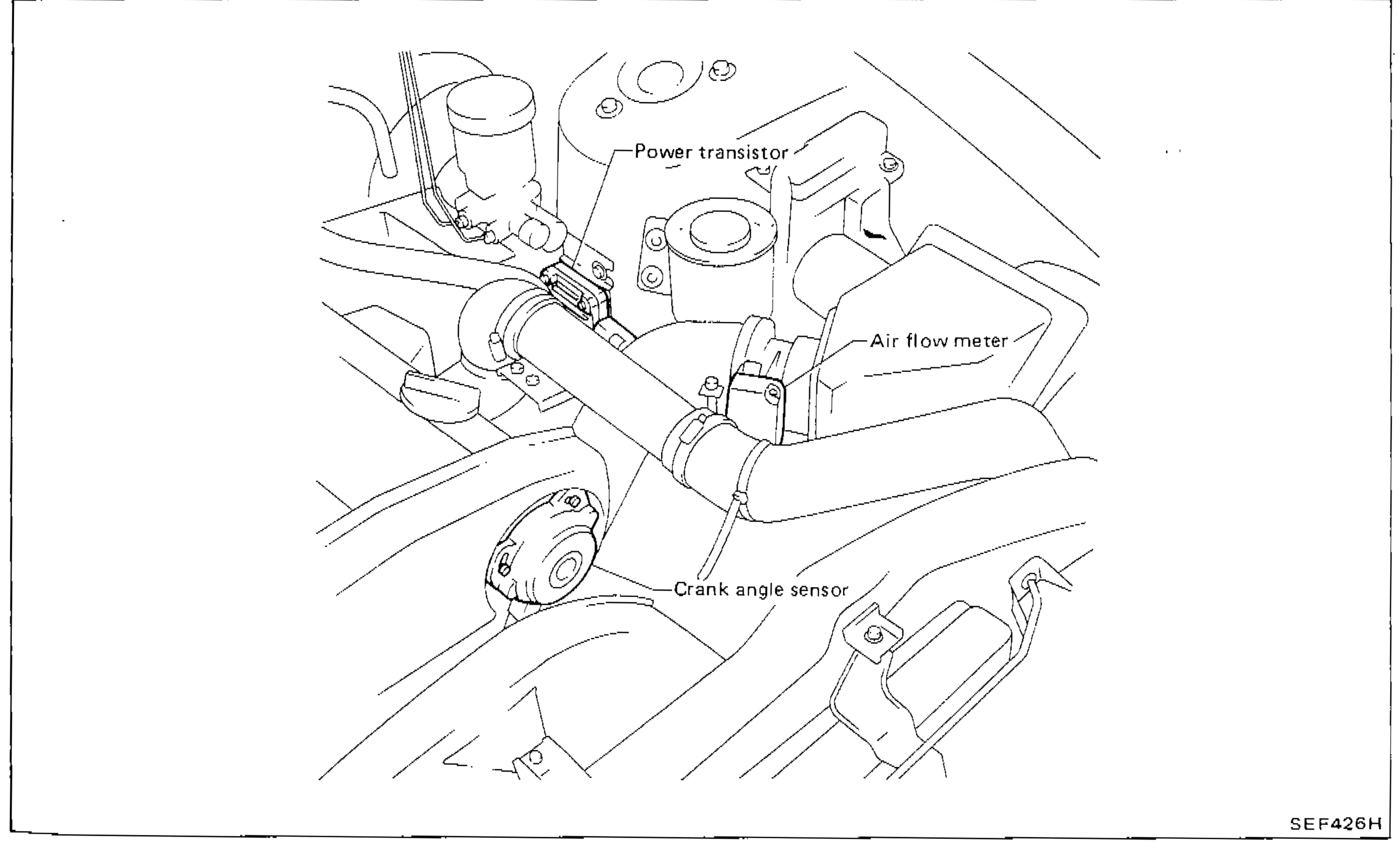 Engine bay illustration showing locations of Power transistor, Air flow meter, and Crank angle sensor