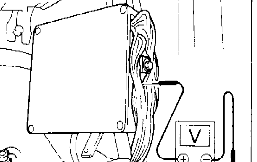 Illustration showing voltmeter (V) connected to E.C.U. terminals with battery (BAT) connected, demonstrating voltage measurement at each terminal.