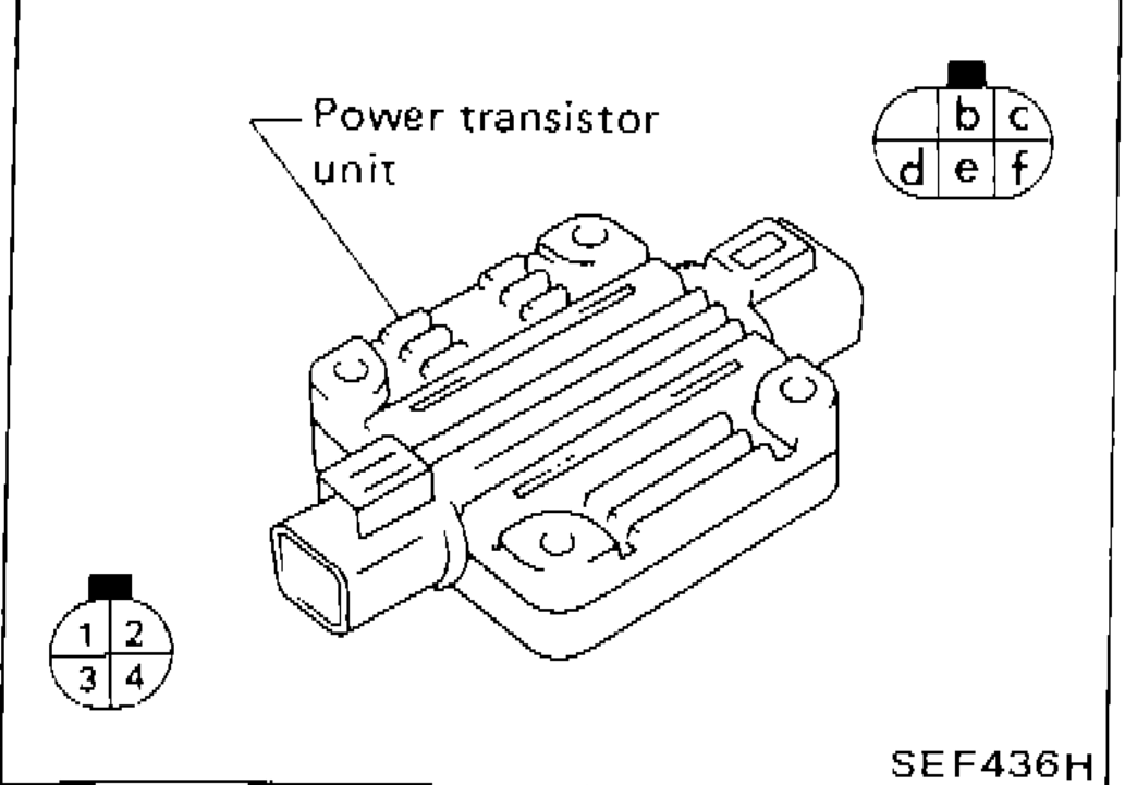 Power transistor unit with terminal layout showing terminals b, c, d, e, f and numbered positions 1, 2, 3, 4