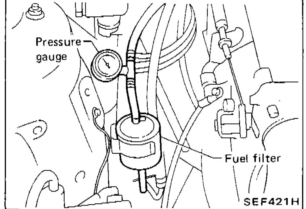 Engine bay photo showing pressure gauge and fuel filter installation location