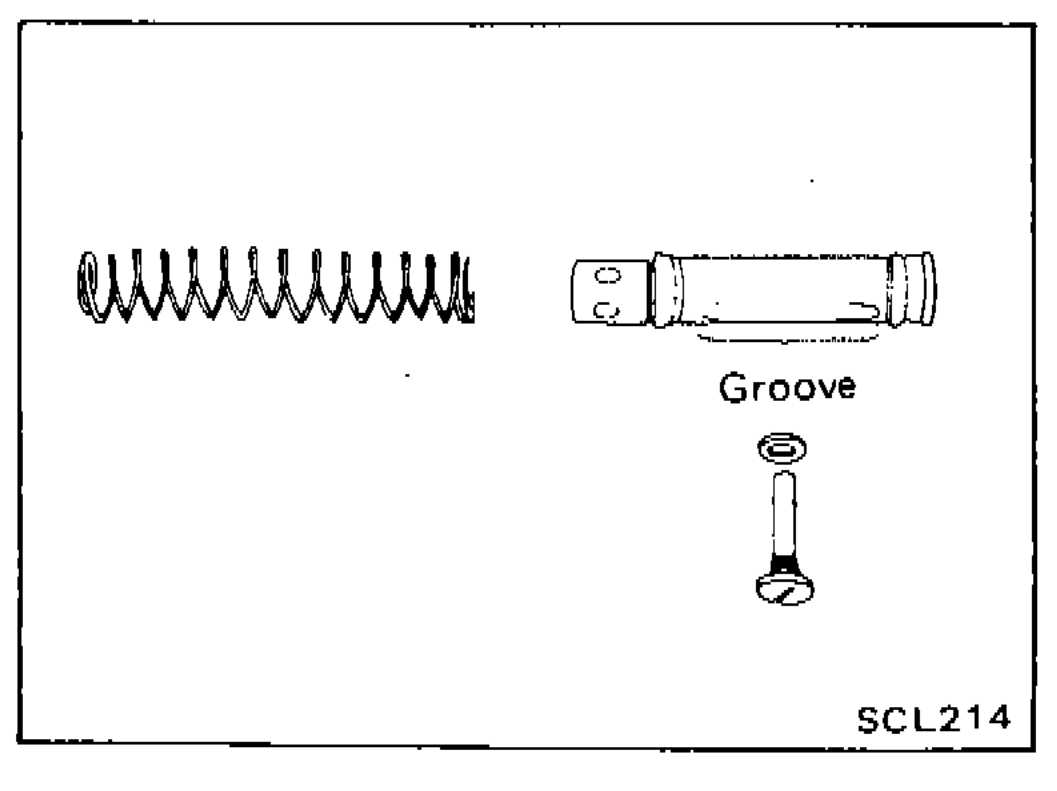Illustration showing return spring, piston assembly, and valve stopper with groove detail for alignment during assembly.