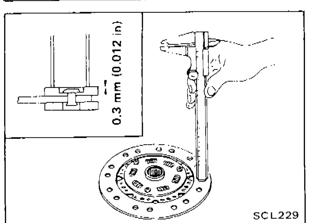 Illustration showing measurement of clutch disc facing wear to rivet head, indicating 0.3 mm (0.012 in) wear limit