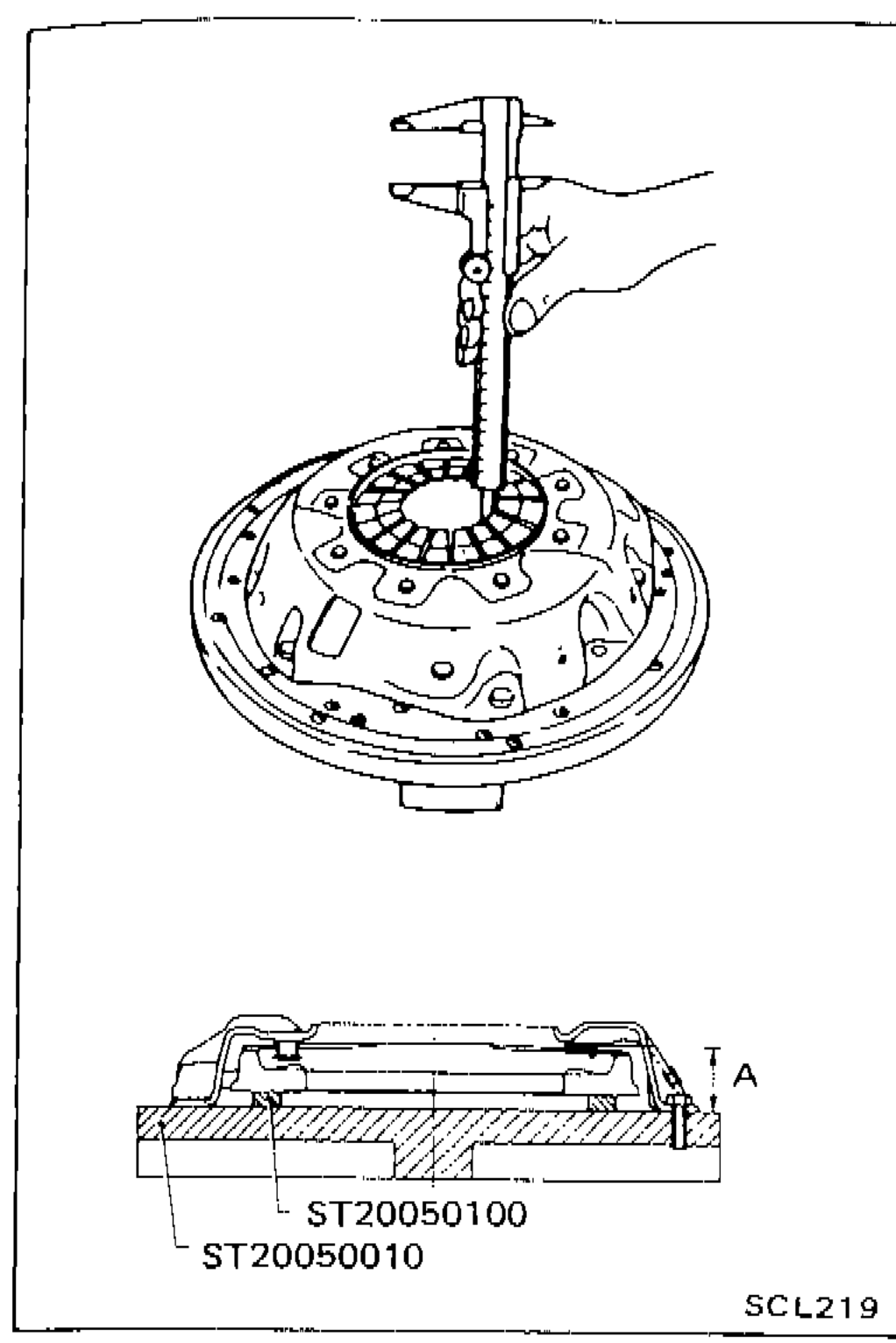 Clutch cover assembly on flywheel with tools ST20050100 and ST20050010 used to check diaphragm spring height 'A'