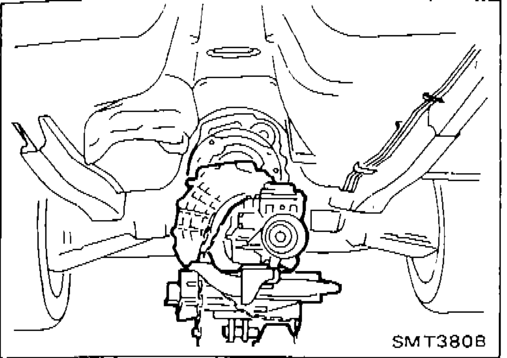Photograph showing transmission removal from underneath vehicle with jack support