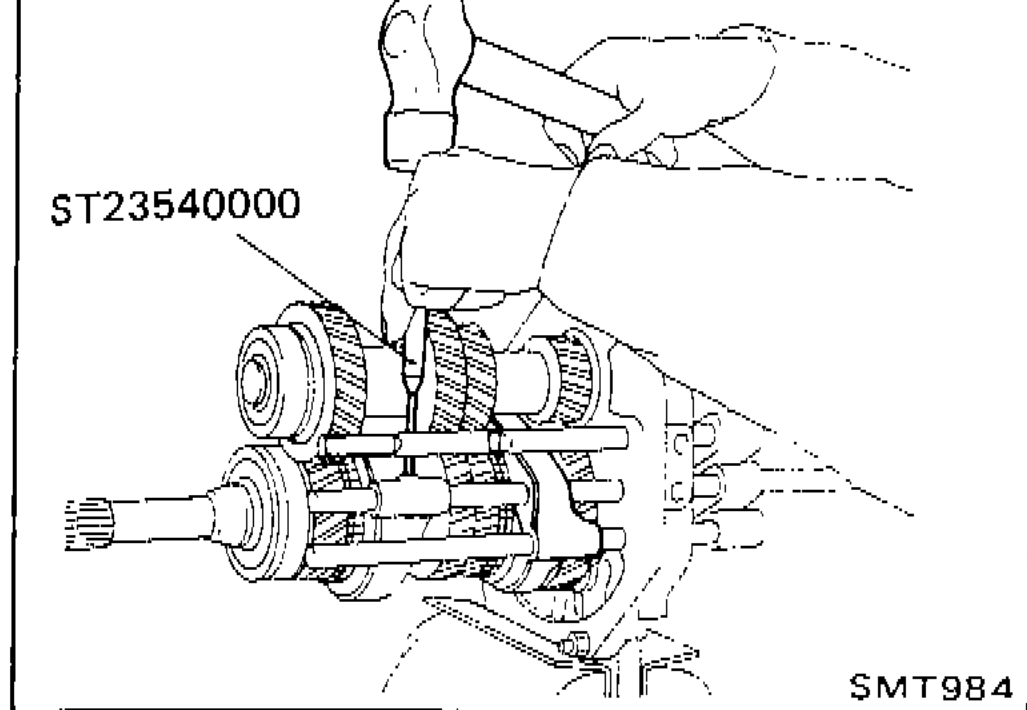 Tool ST23540000 being used to drive out retaining pins and fork rods to remove interlock balls