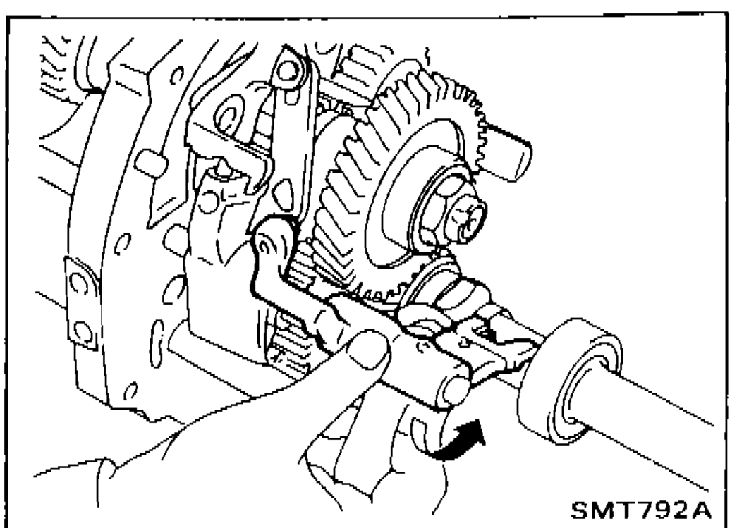 Illustration showing O.D. and reverse fork shaft being drawn out by rotating O.D. and reverse bracket counterclockwise